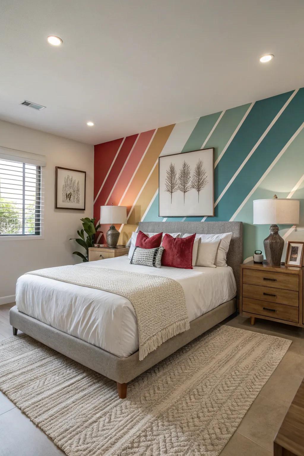 A vivid color breathes life into the wall behind the bed, crafting a notable accent.