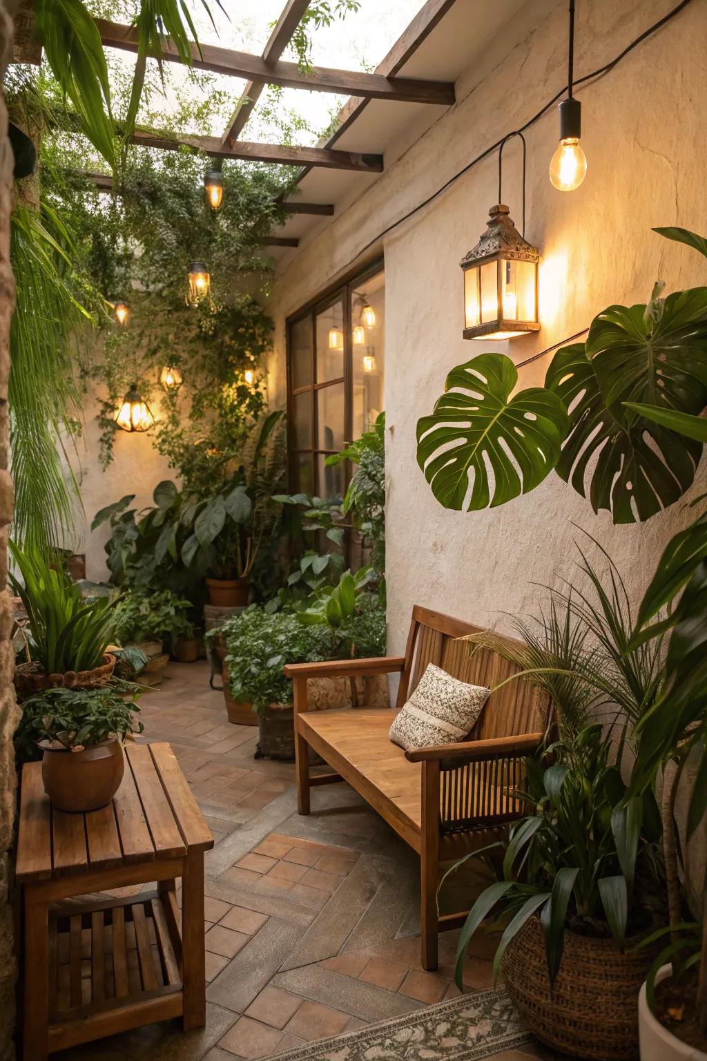 A tranquil alcove showcasing elements of nature, such as flora and wood.