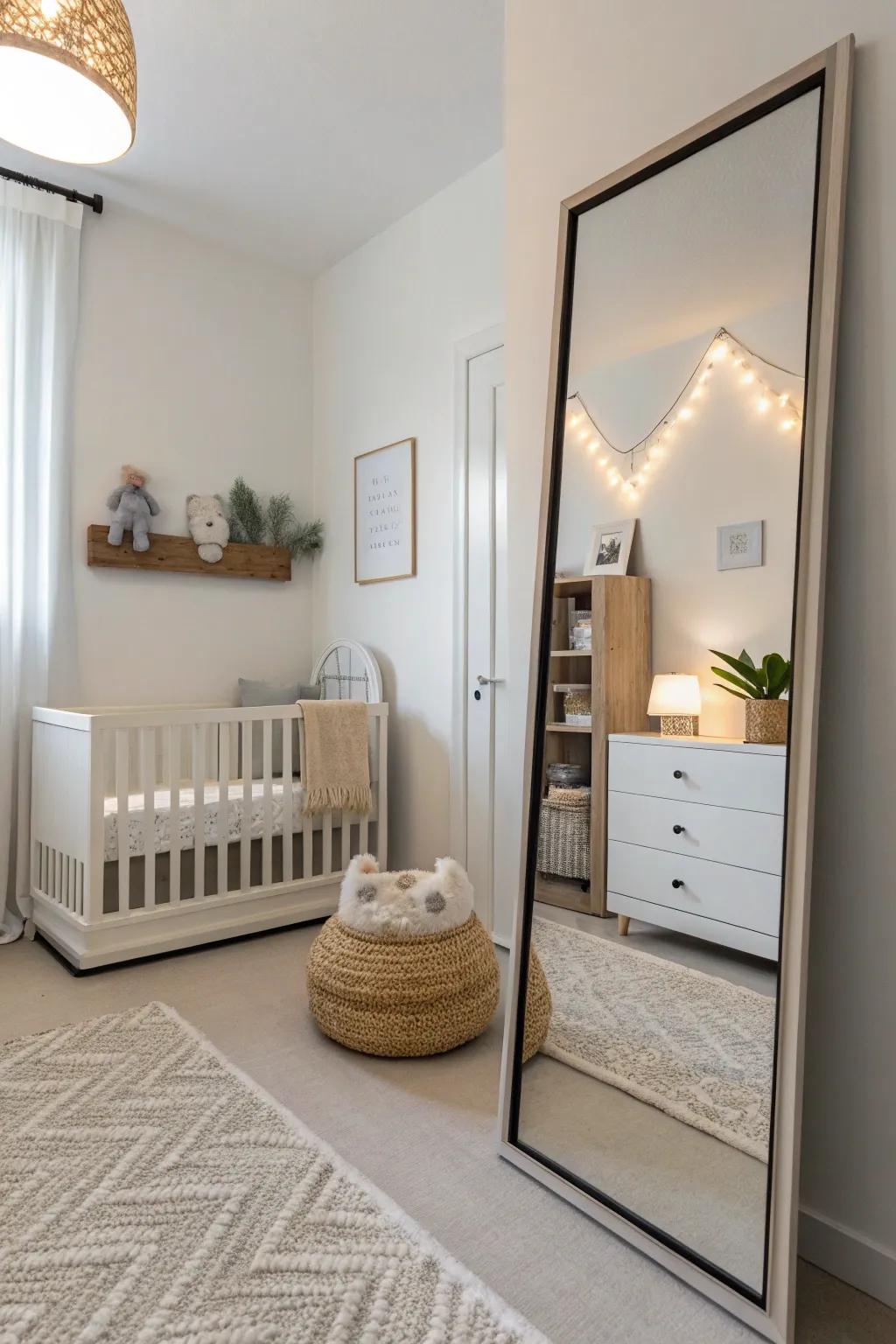 A minimalist nursery with a sleek mirror that emphasizes its simplicity.