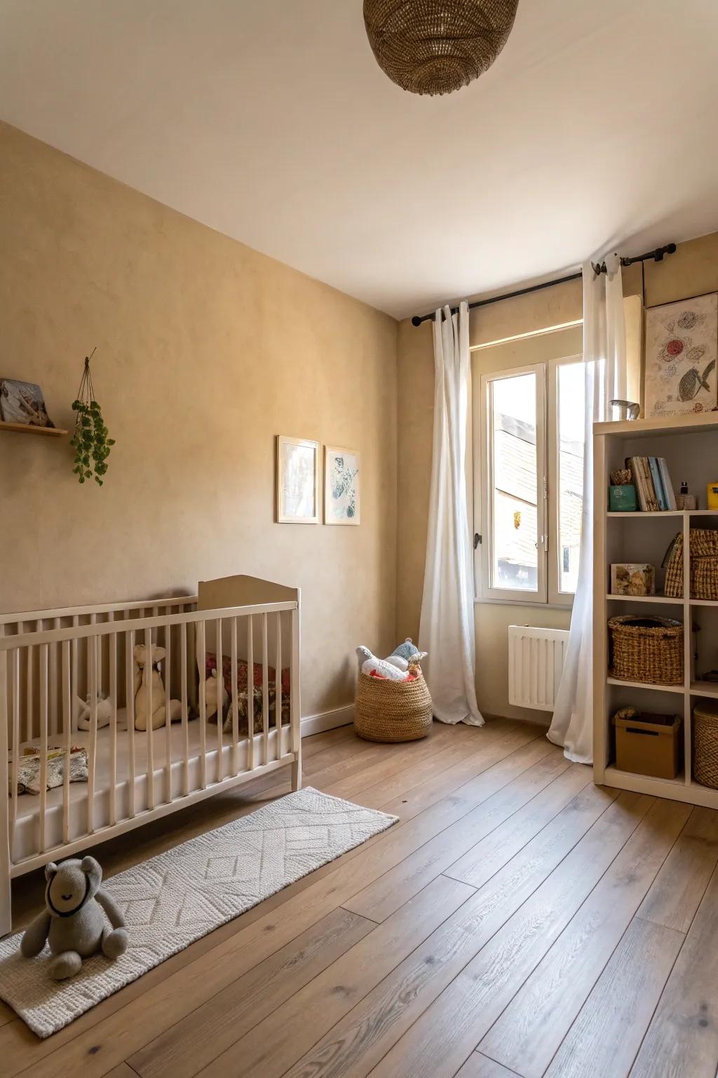 An ageless dune beige nursery featuring warm nuances.