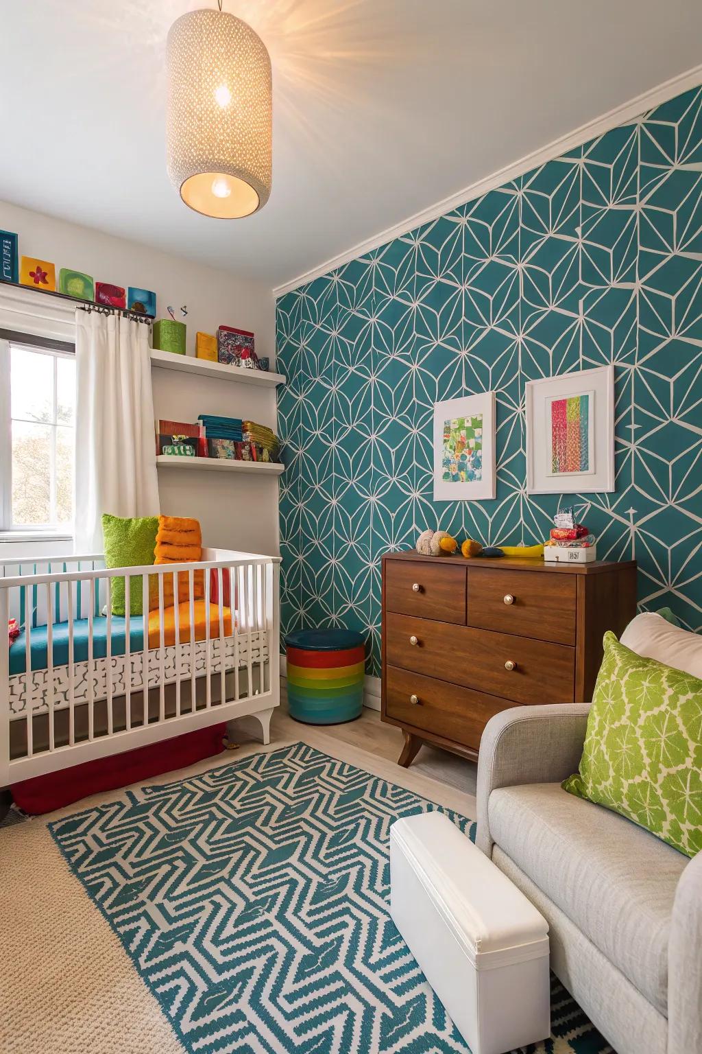 A bold statement wall makes a striking impact in a nursery.