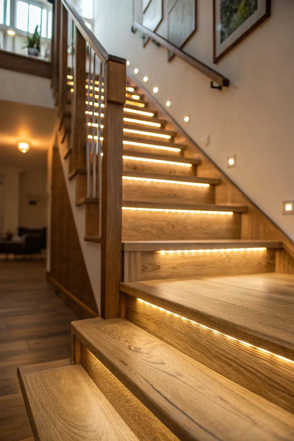 An oak staircase illuminated by subtle, ambient lighting.