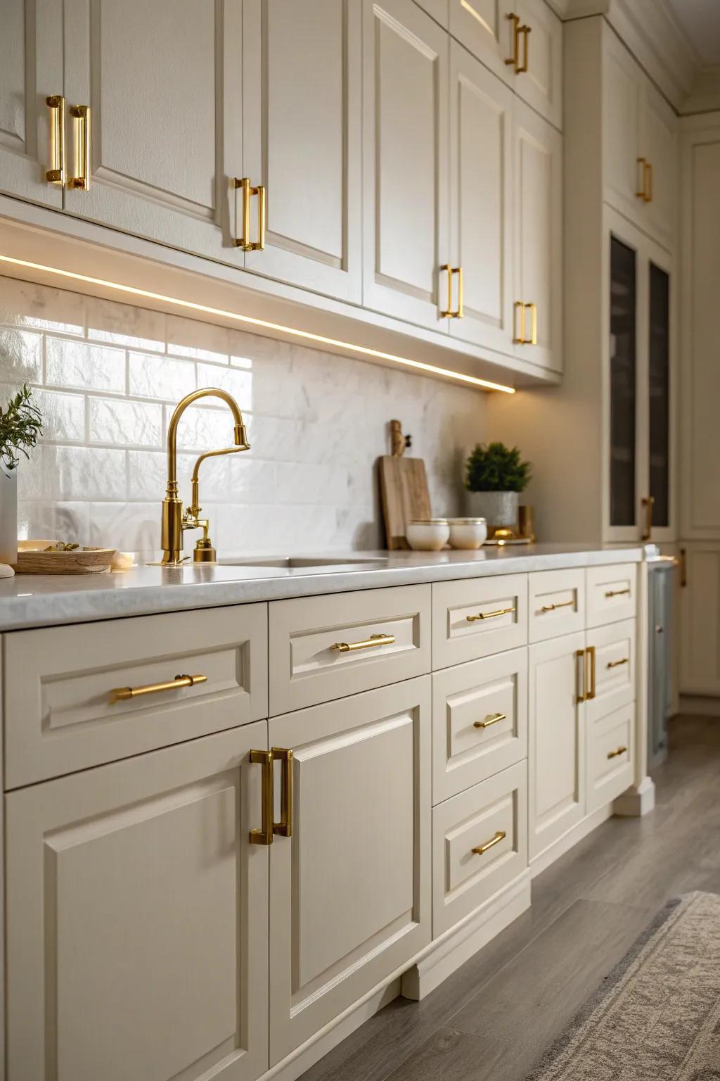 Gold highlights the beauty of cream cabinets.
