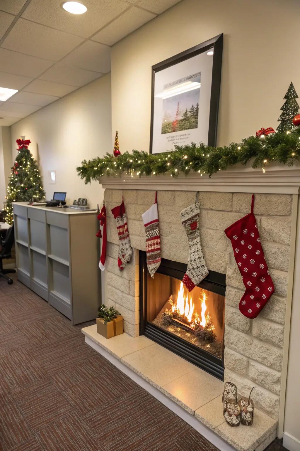 A snug nook with a fireplace theme injects warmth into any office setting.