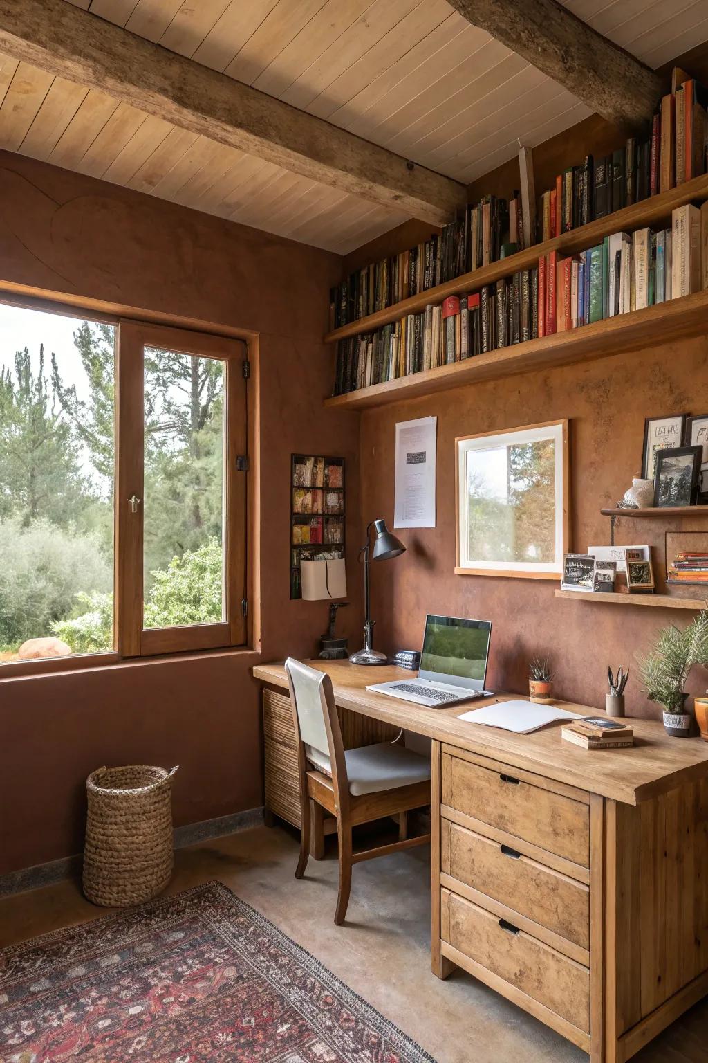 Warm browns create a cozy and inviting workspace.