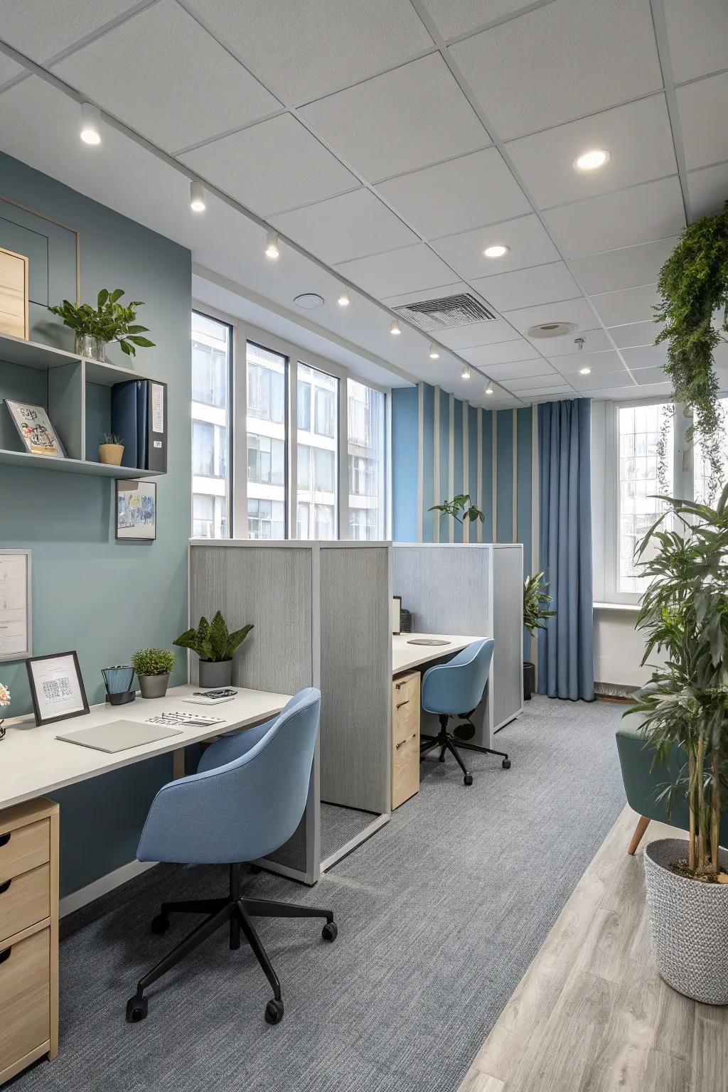 Subtle gray and blue tones establish a calming atmosphere, ideal for a reading room.