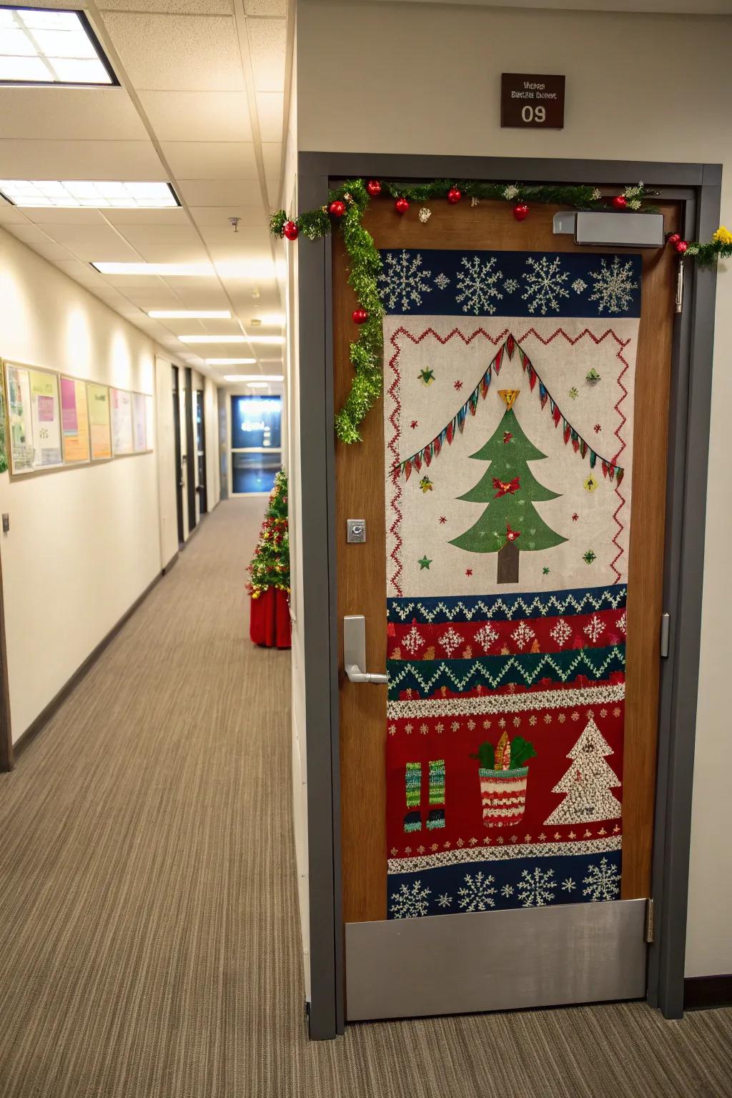 Appreciate the quirky allure of festive knitwear with your door decor.