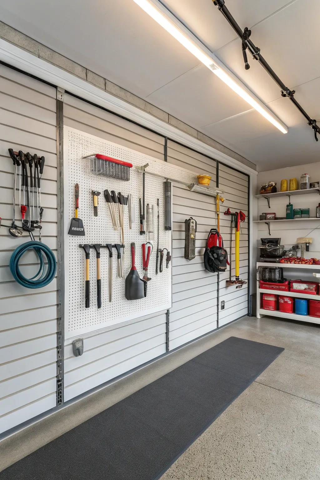 Slatwall panels provide versatile and neat storage.