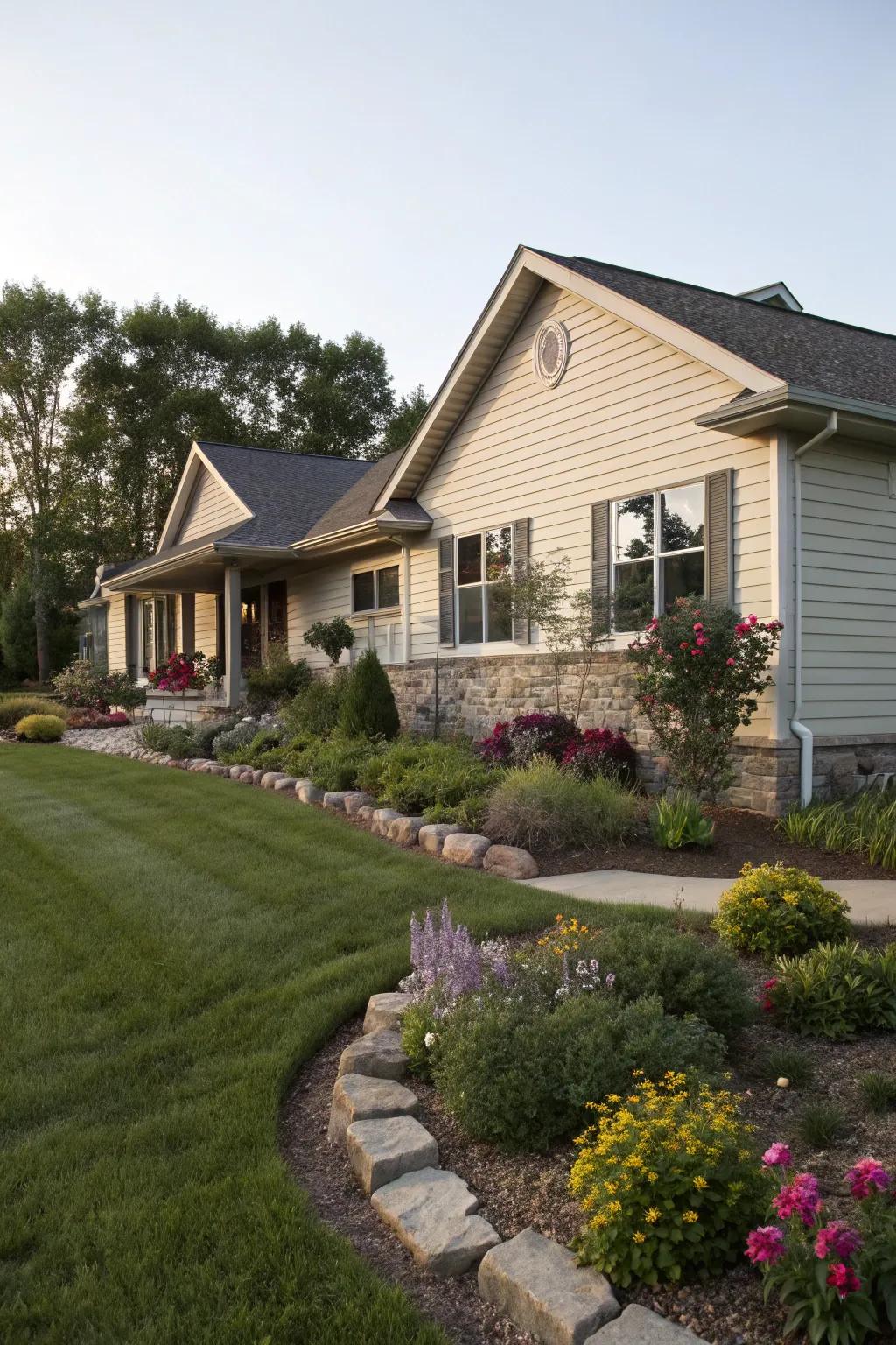 Landscaping intertwined with the cladding design elevates the beauty of this ranch house.