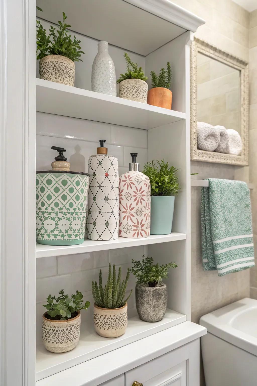 Ornamental details bestow personalization onto exposed linen shelves.