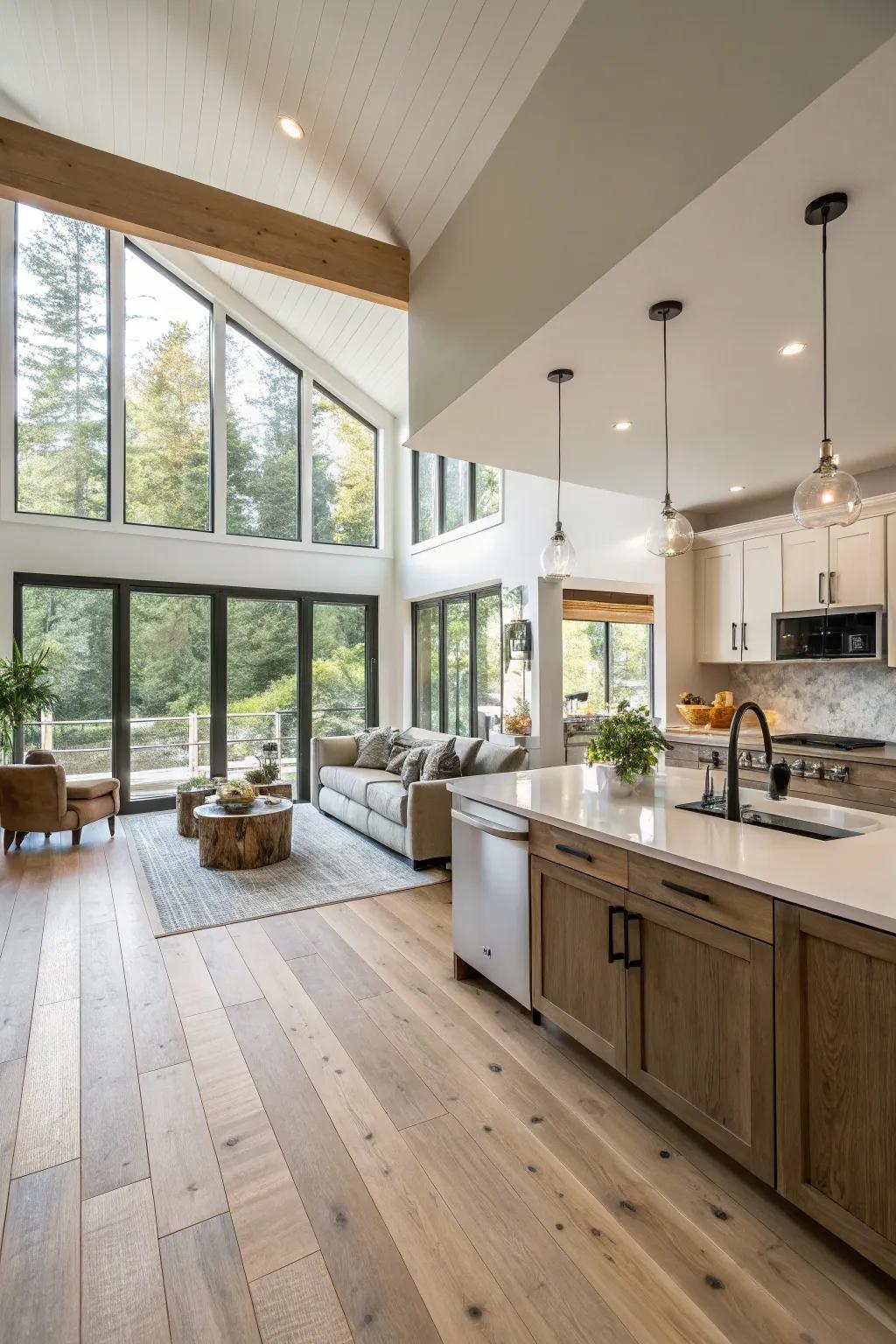 Consistent flooring creates a unified aesthetic in an open concept design.