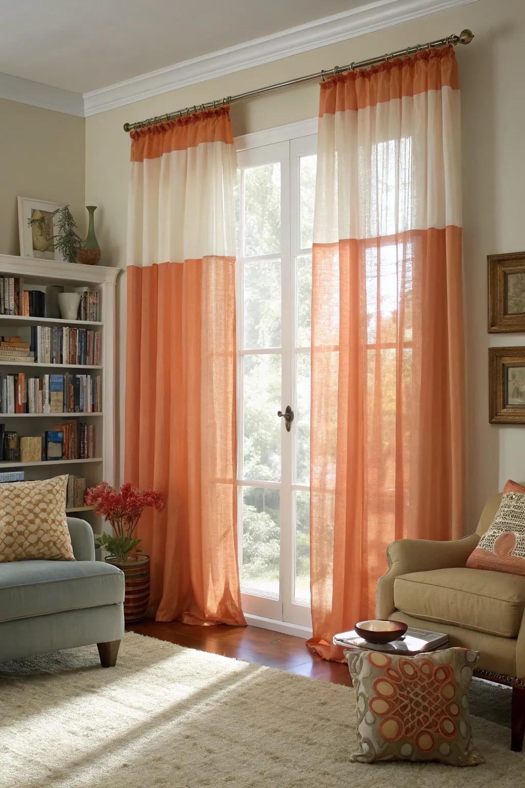 Layered window coverings provide elegance and light control.