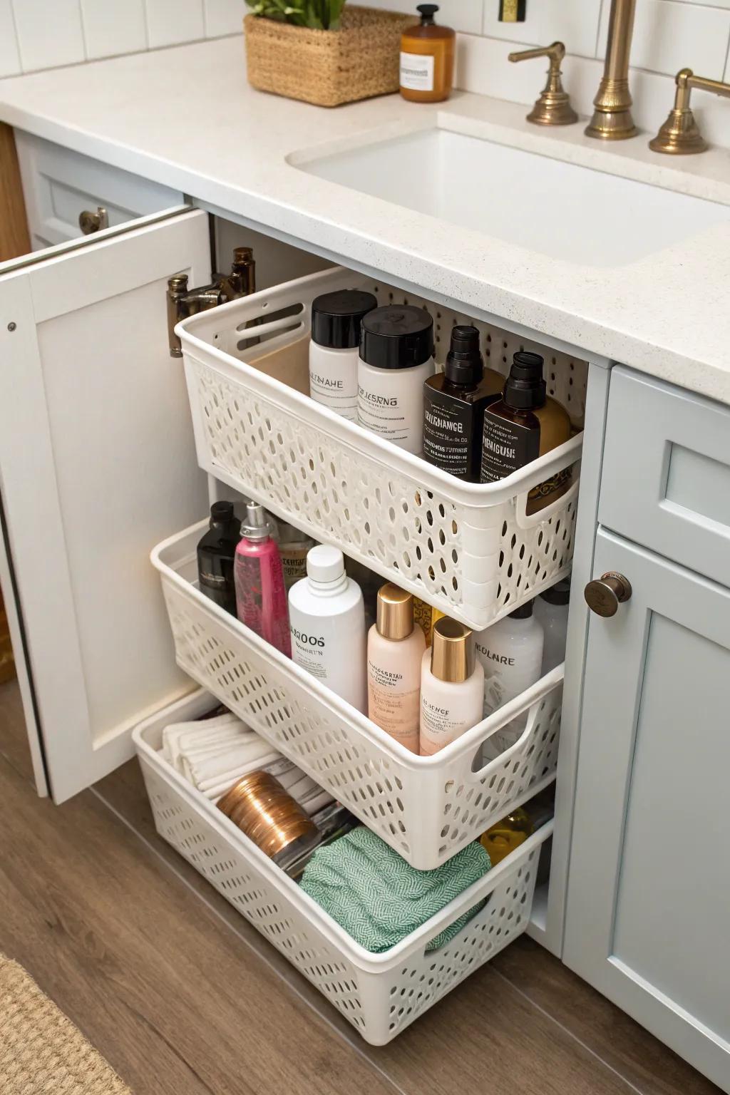 For storing same items, stacking baskets provide a neat option.