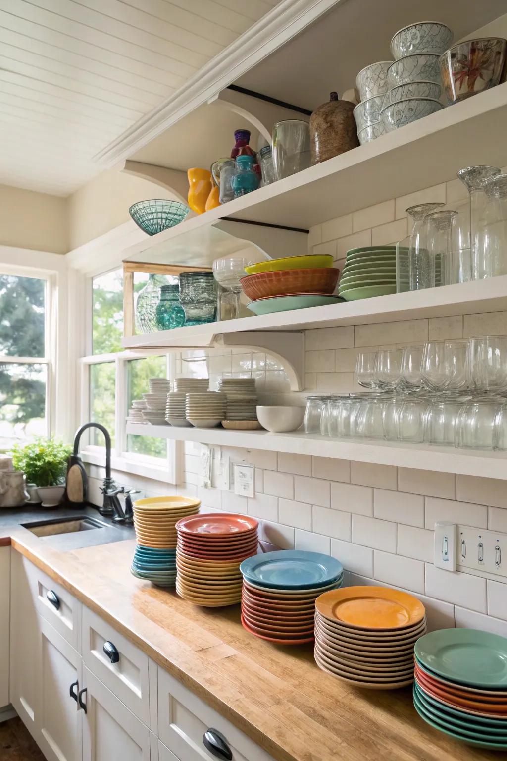 Open kitchen shelves display dishware beautifully