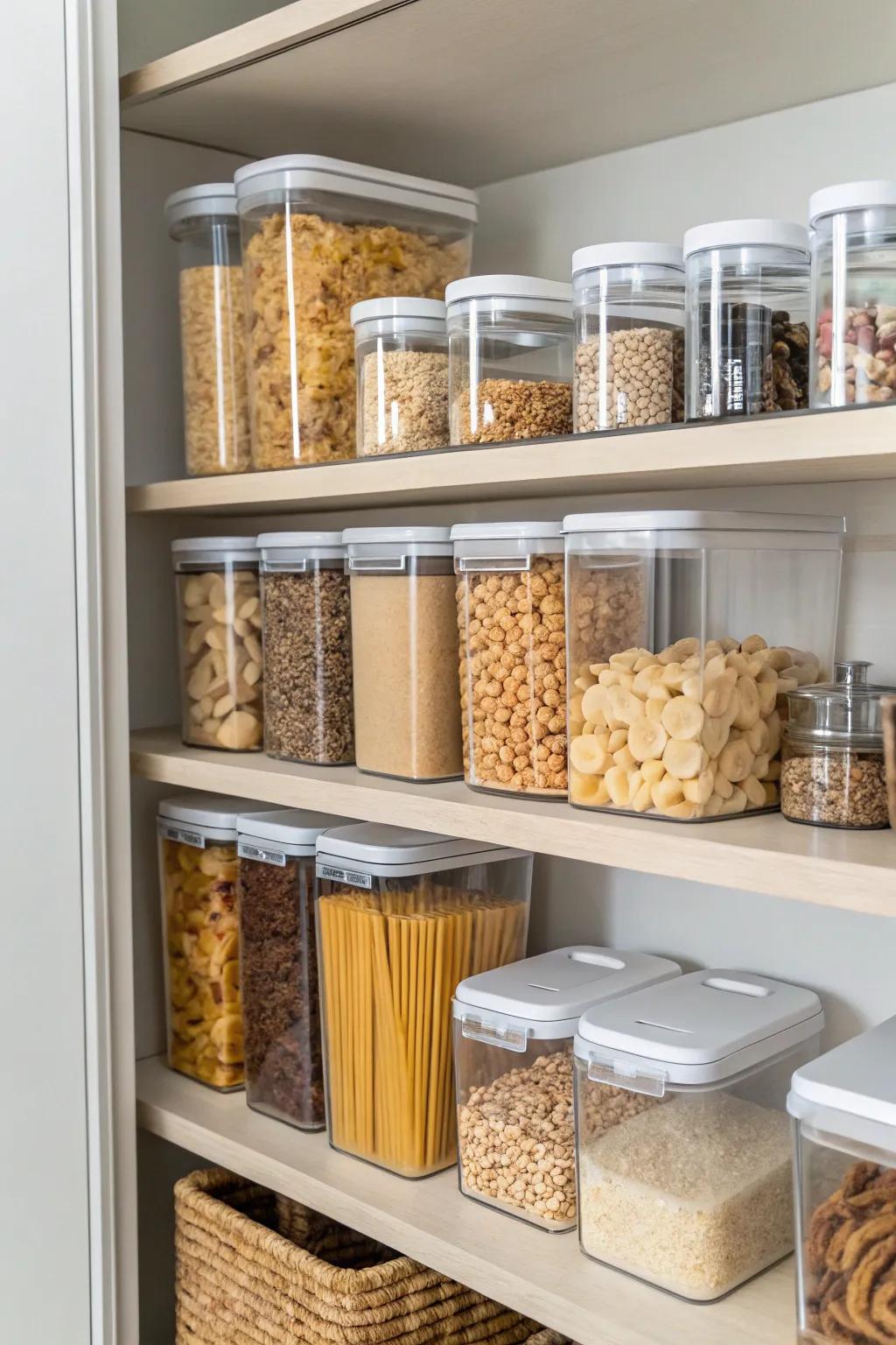 Clear containers streamline pantry arrangement.