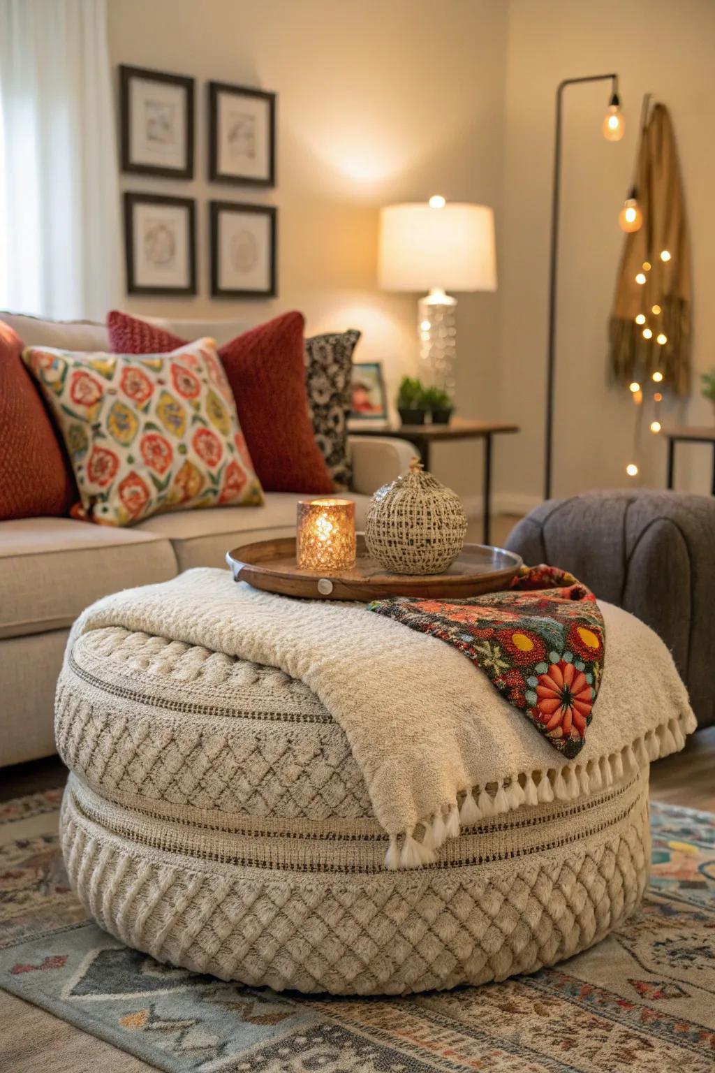 Layered textures on an ottoman contributing to depth and comfort.