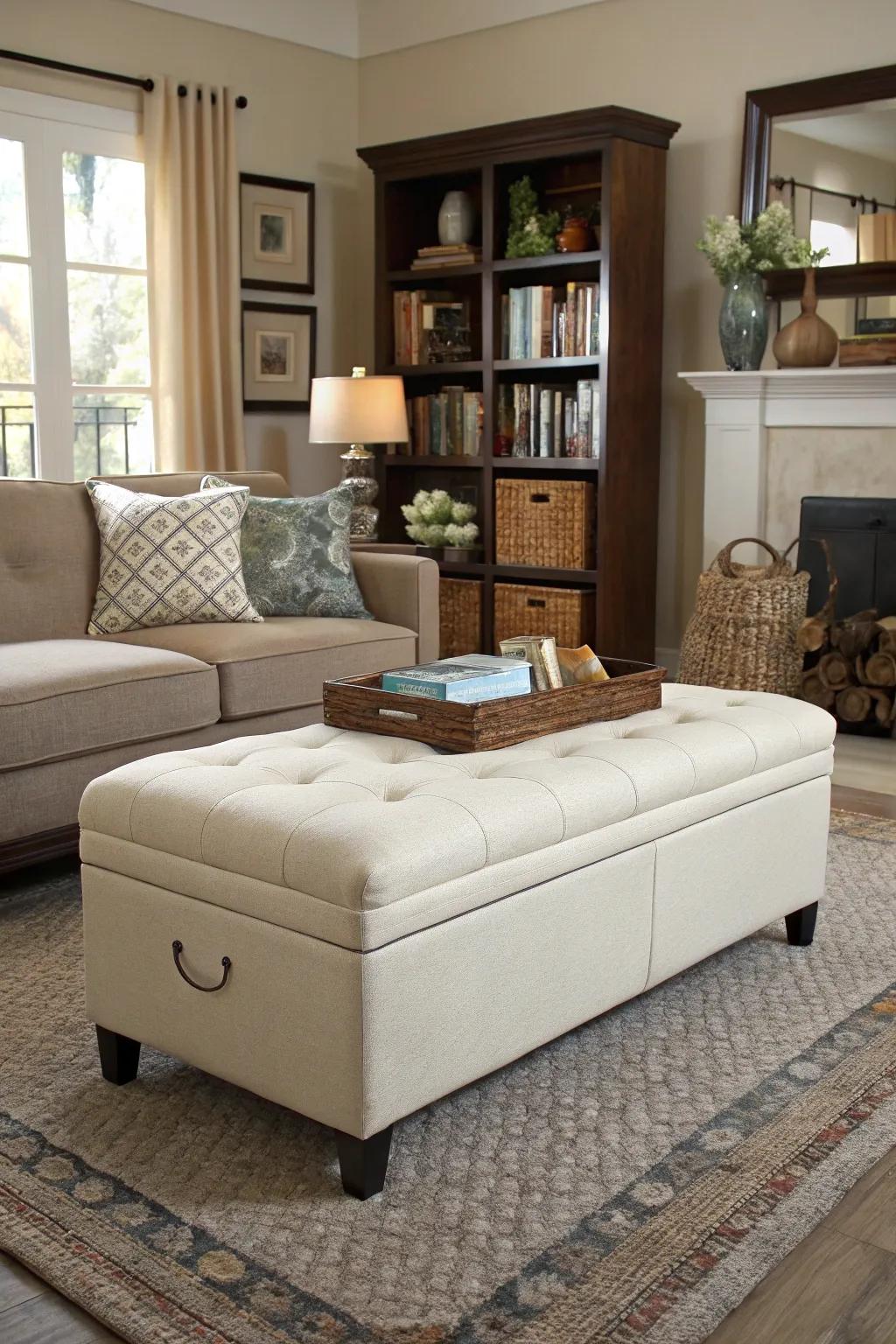 A storage ottoman bench keeps living spaces organized and chic.