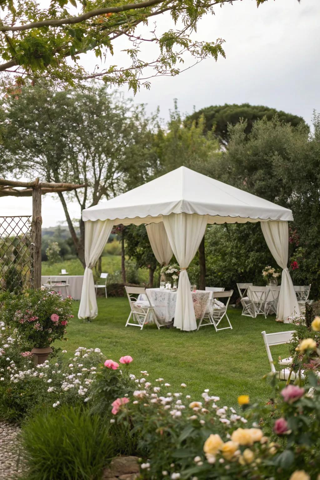 A snug shelter grants shade and intimacy for open-air assemblies.