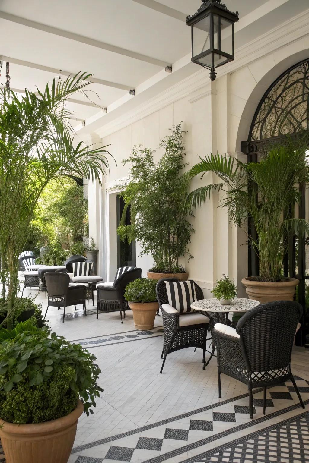 A vibrant patio where greenery wonderfully complements the black and white decor.