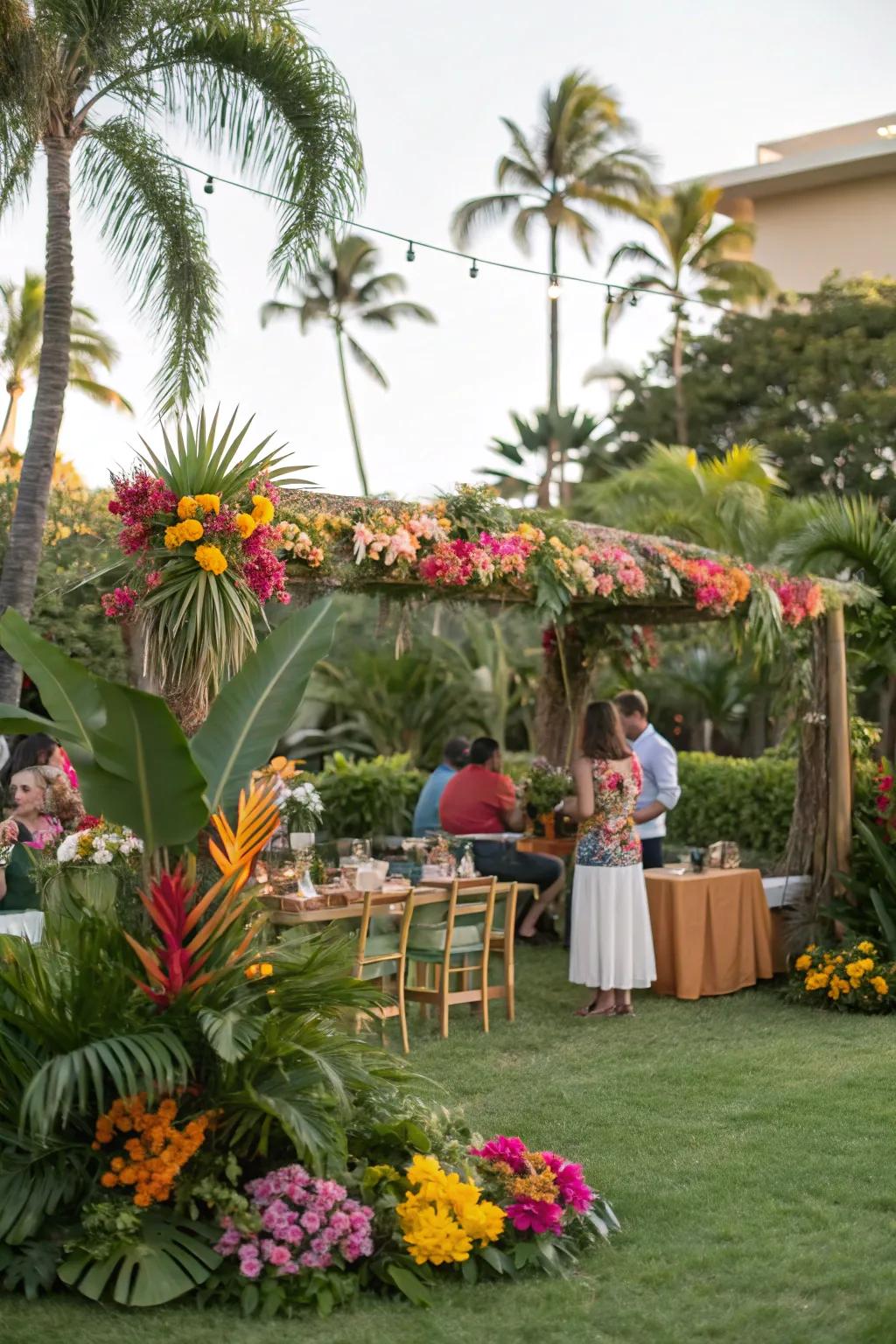 A tropical retreat with bright florals and palm fronds.