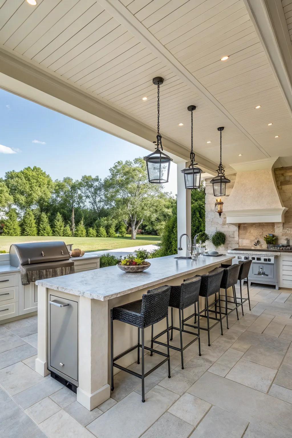 Extensive counter space enriches the ease of cooking outdoors.