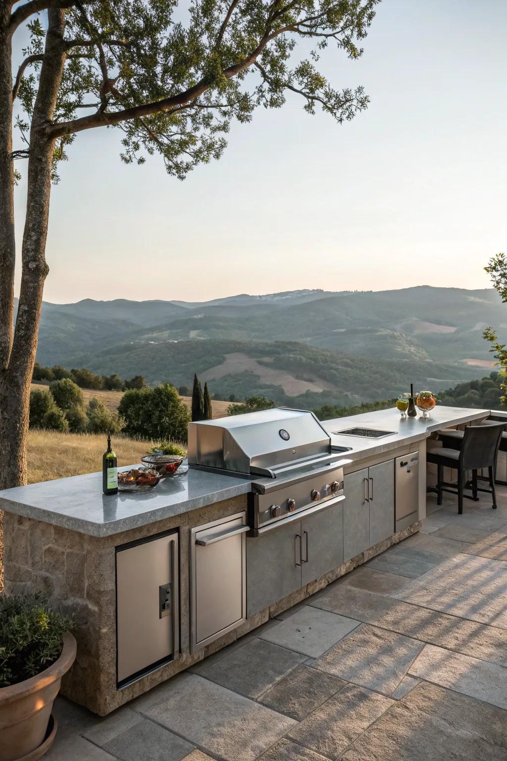 An outdoor cooking area ideally positioned to offer amazing views of a calm landscape.
