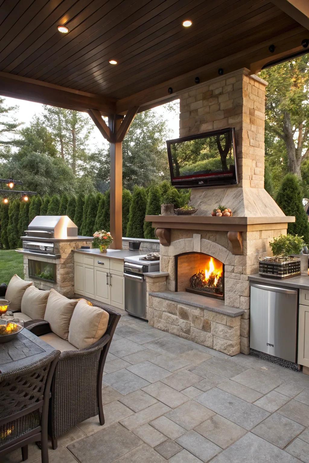 Mix warmth and entertainment with a fire pit and TV set up in your outdoor cooking area.