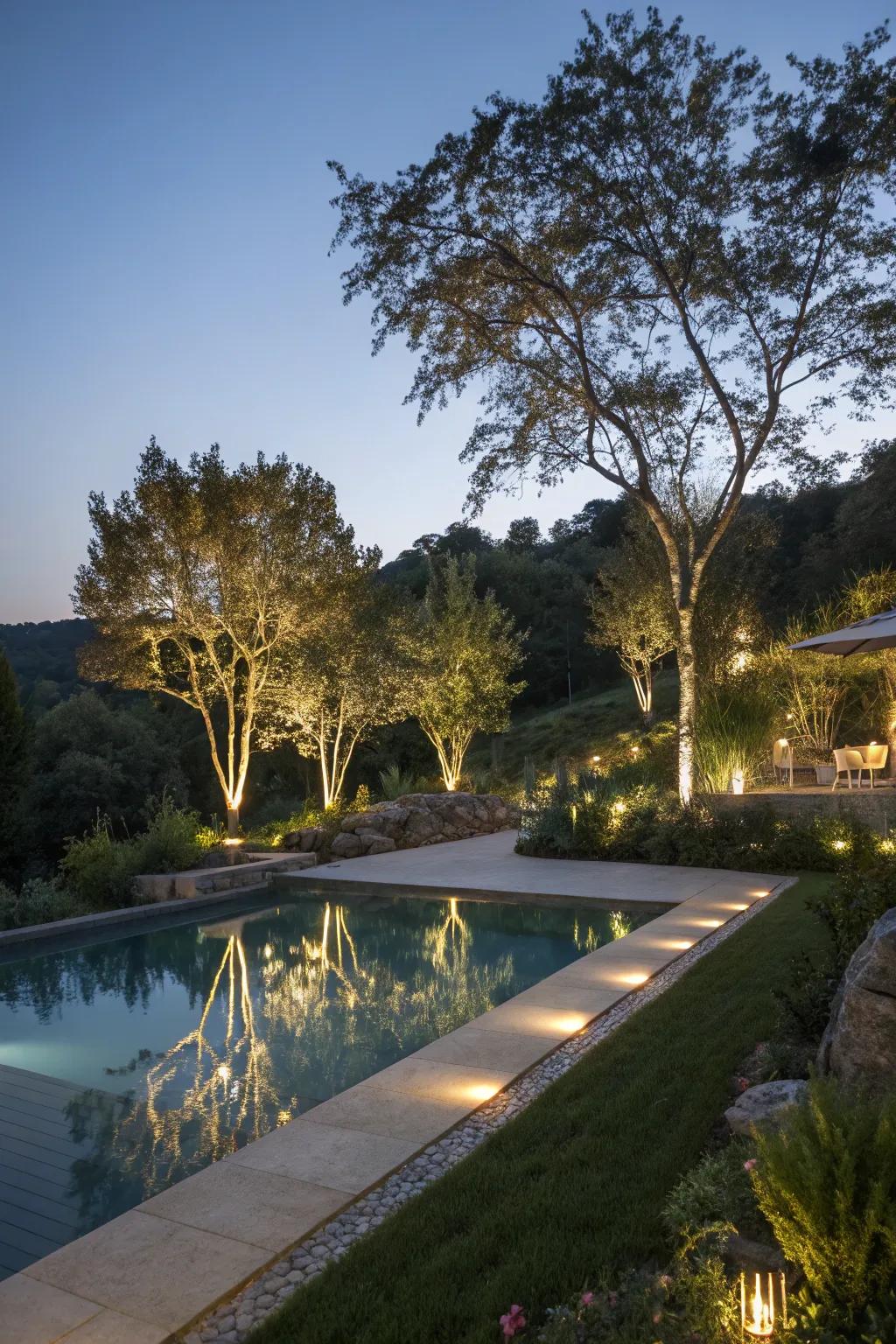 Landscape lighting enhances the natural beauty around your pool.