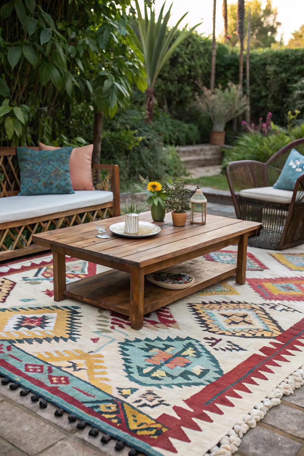A vibrant carpet injects color and definition into your outdoor living space.