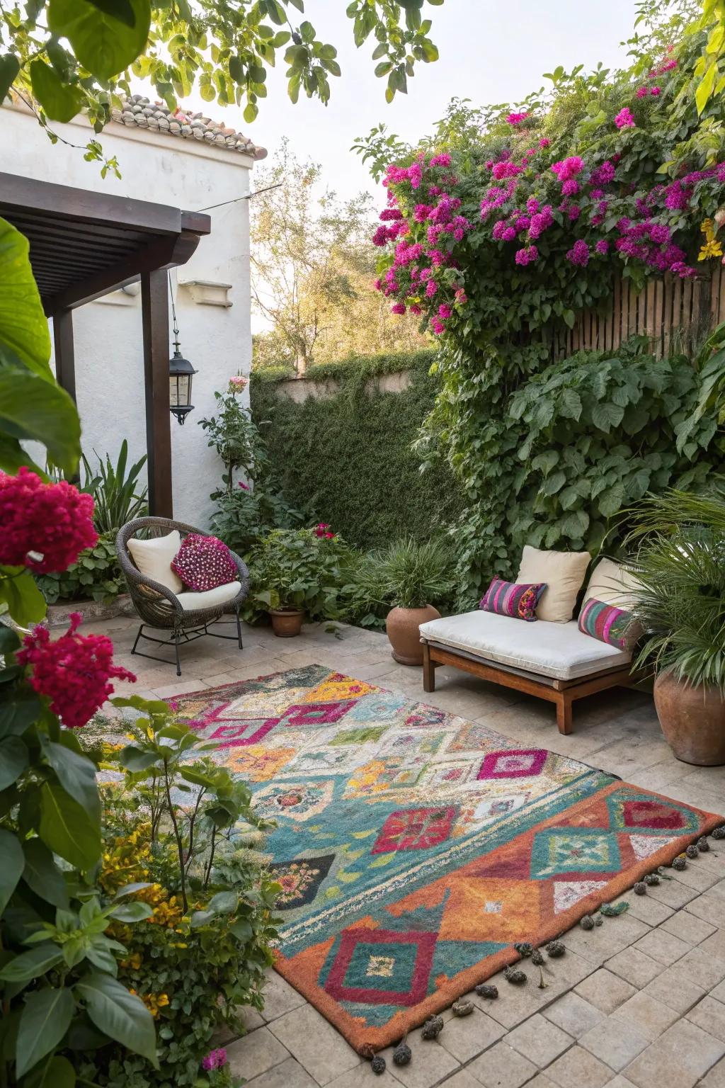 An outdoor rug introduces color and defines your seating area.