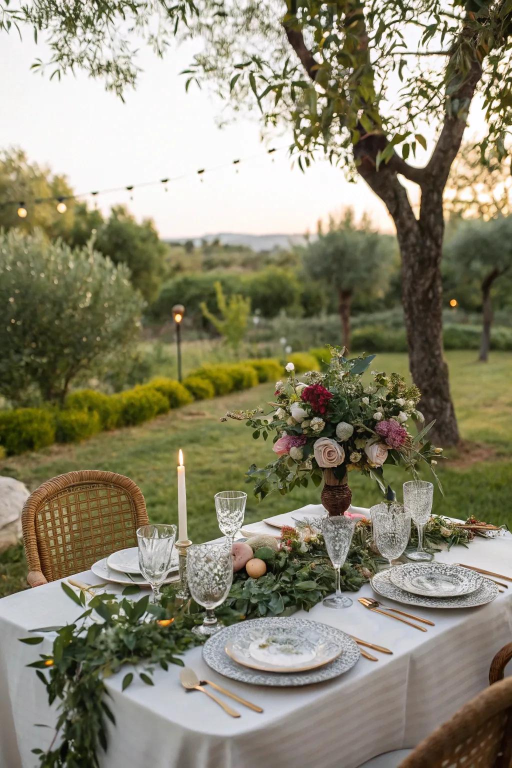 A nature-inspired dining arrangement framed by rich, verdant surroundings.