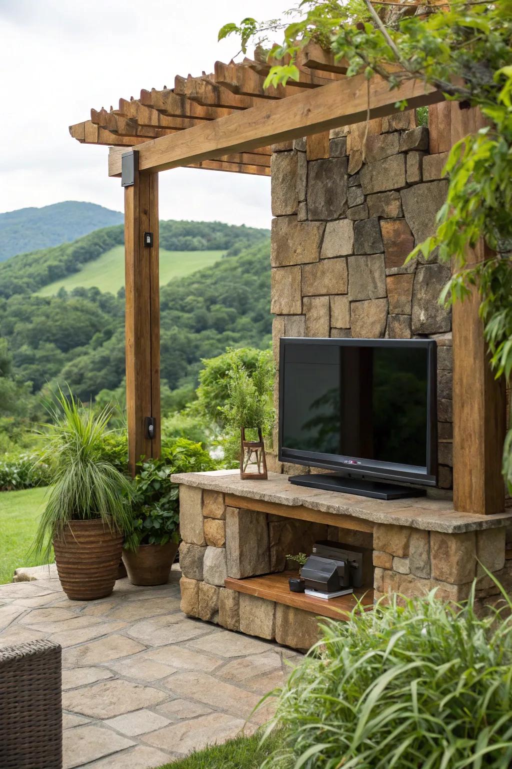 Natural materials craft a seamless merge with the outdoor landscape.