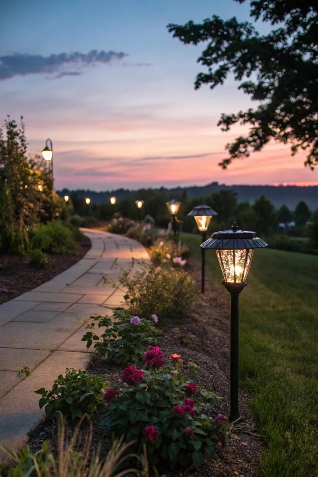 Your path is illuminated by environmentally friendly solar lights.