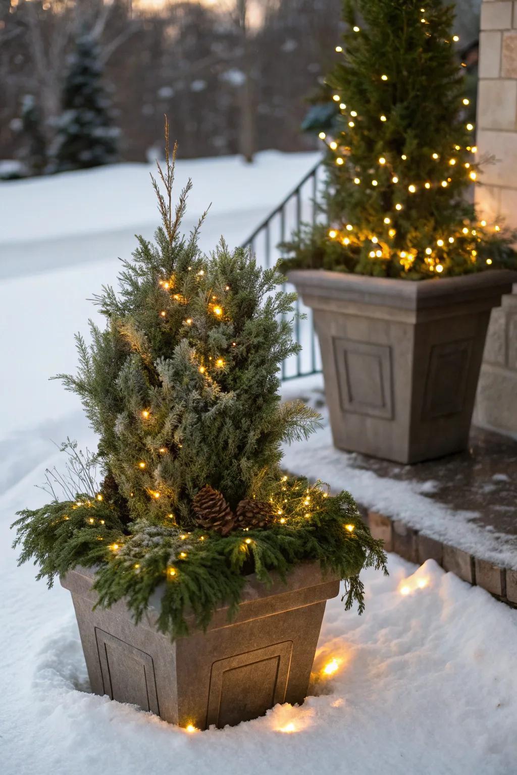Twinkling lights offer warmth and enchantment to winter pots.