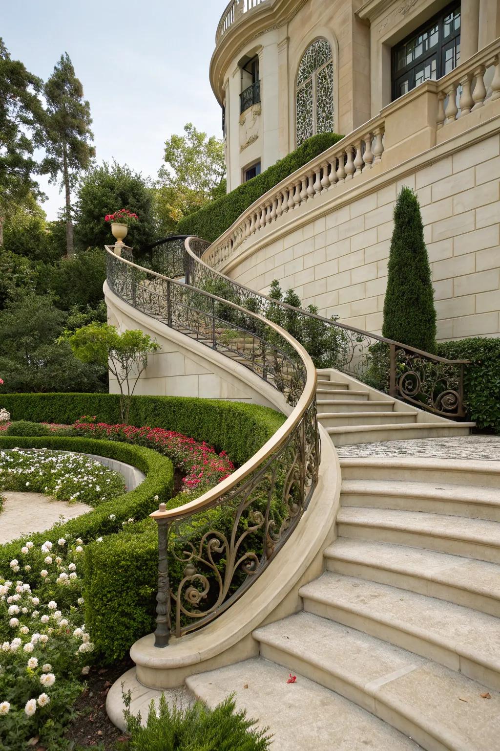 Graceful curved stairs with ornate railings for an elegant entrance.