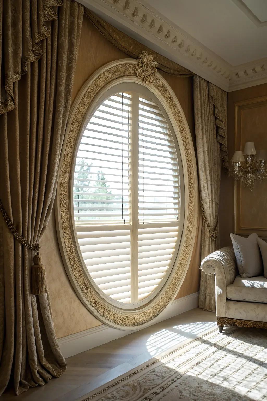 An ornamental border with integrated blinds heightens the window's appeal.