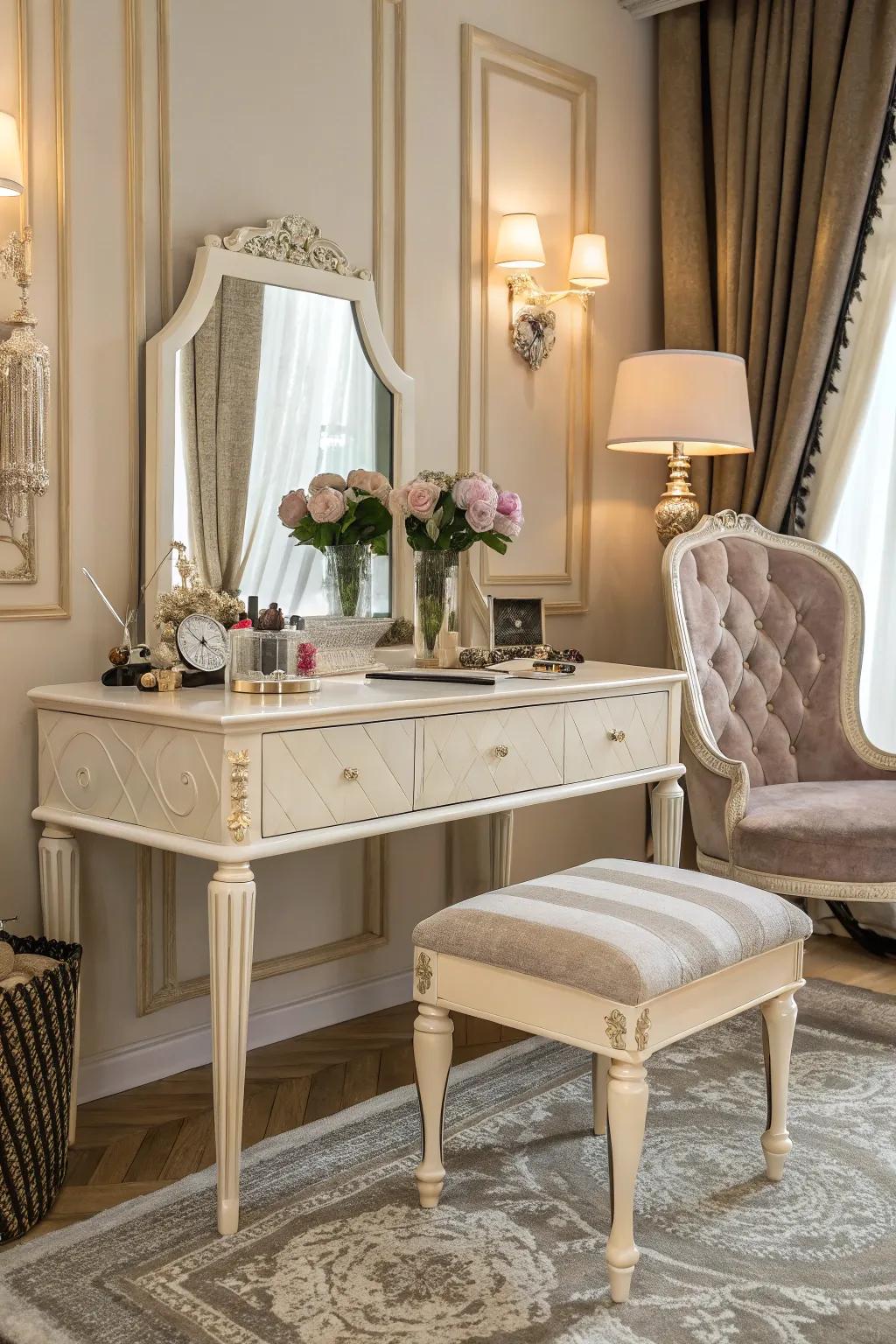 An elegant makeup table contributes sophistication to your bedroom.