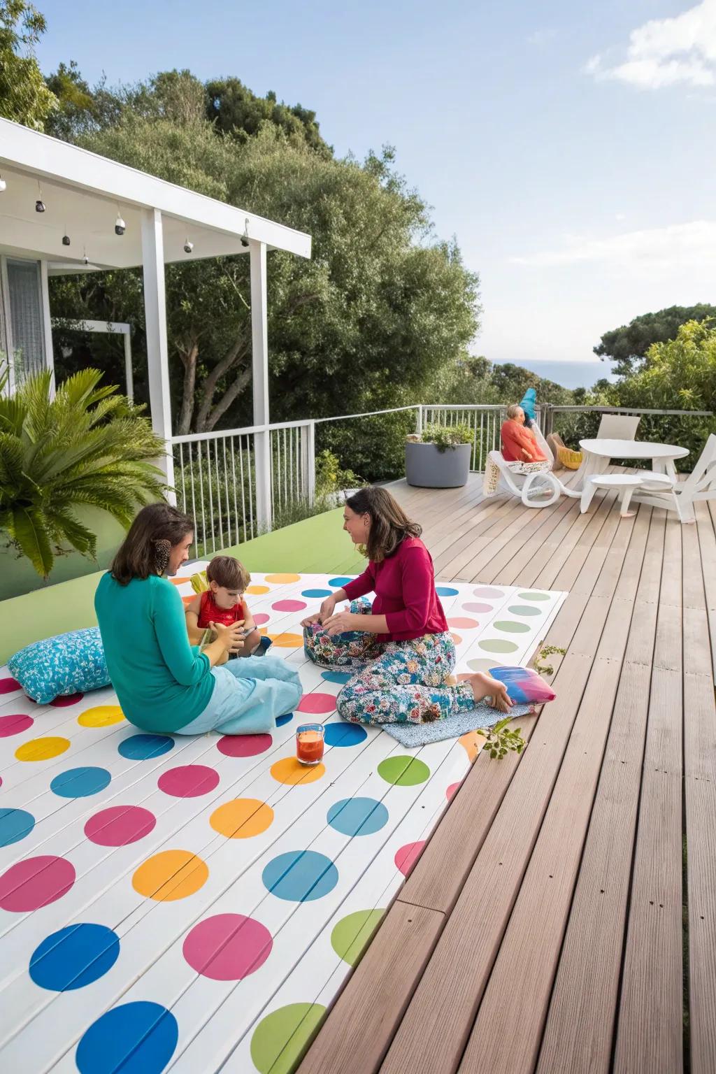 A playful polka dot design on a deck, making it an inviting space for families.