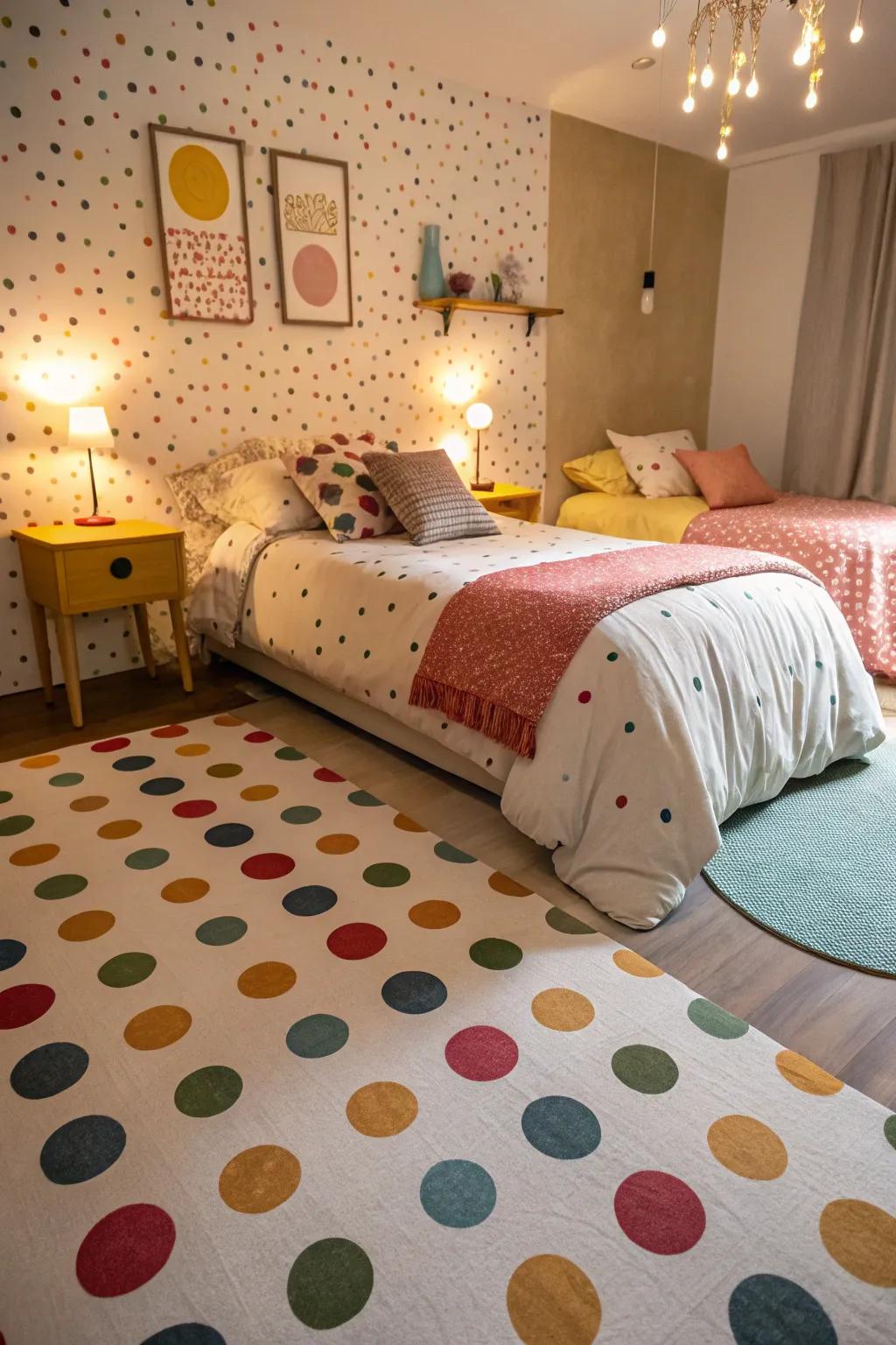 A spare bedroom featuring floors painted with playful circles, giving off a fun and inviting vibe.