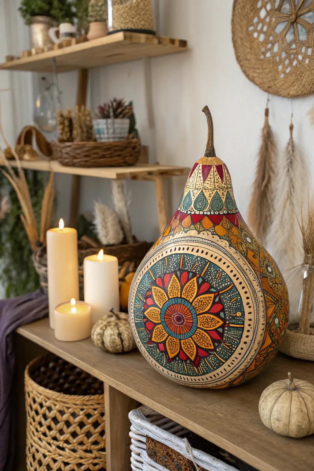 A boho chic gourd with mandala patterns.