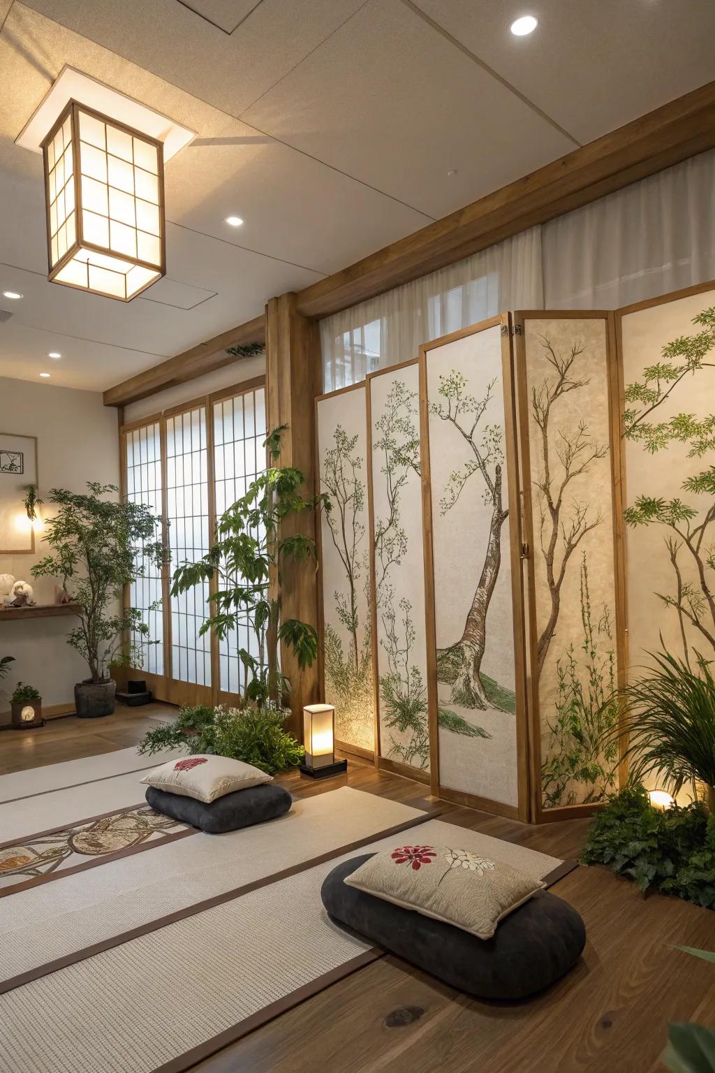 Peaceful space featuring natural element panels for a Zen ambiance.