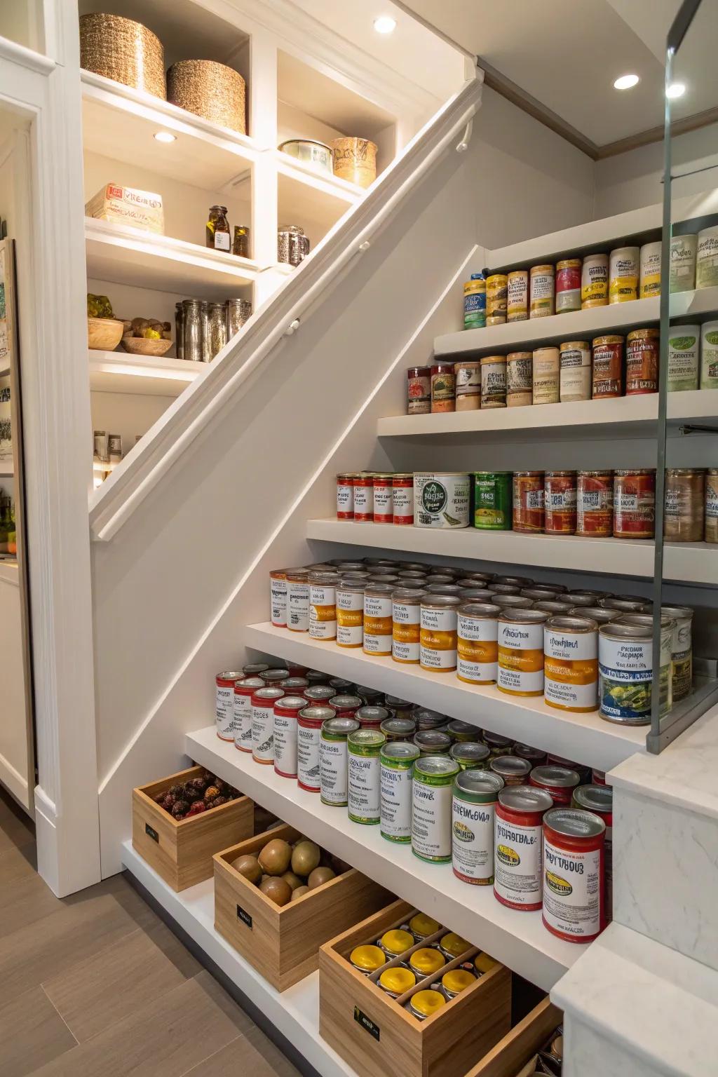 Staggered shelving affords a distinct view of all your canned commodities.