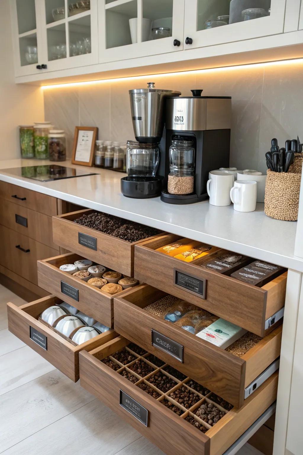 Pullout drawers make getting to your coffee supplies a breeze.