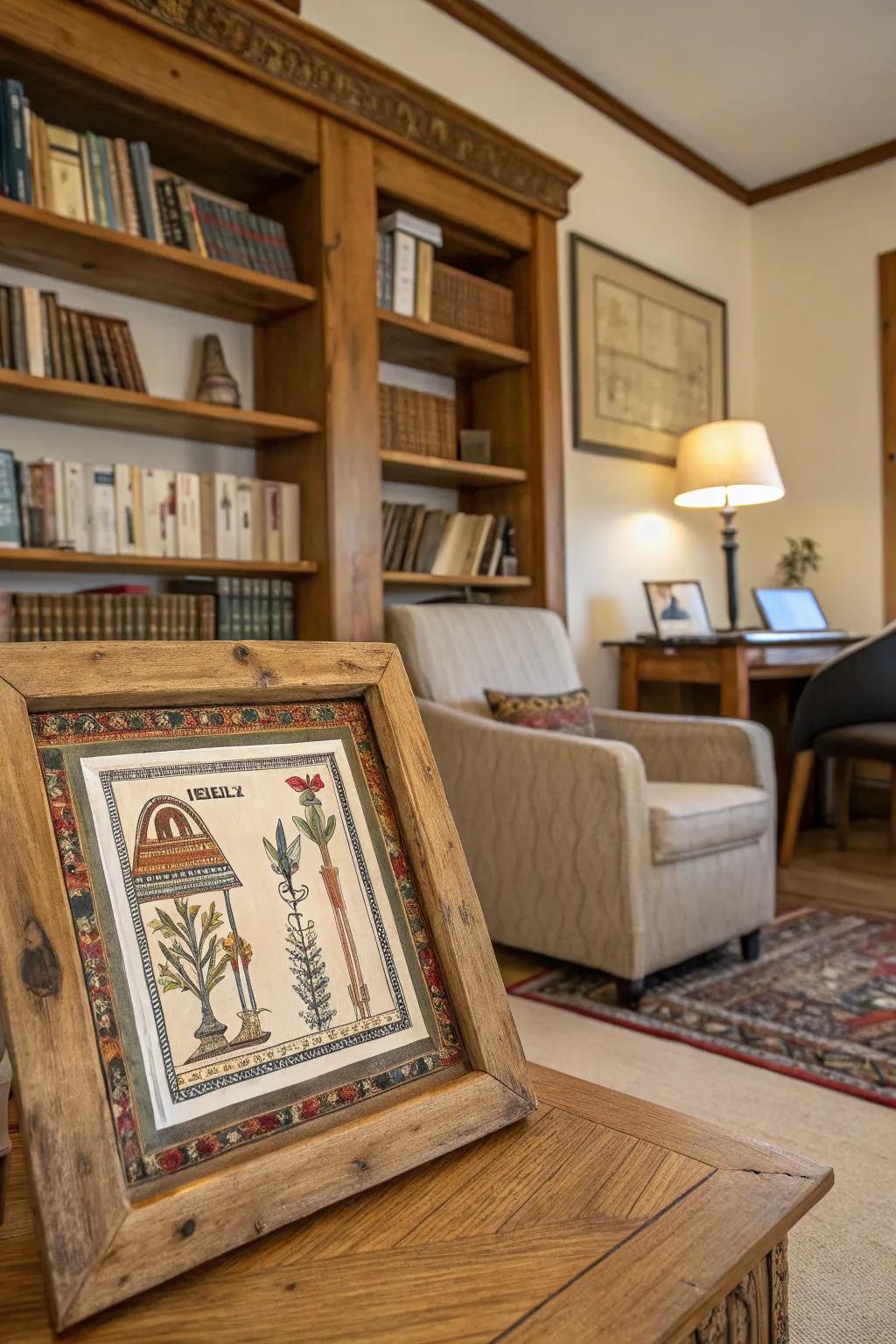 Natural wooden frames enrich papyrus art with warmth.
