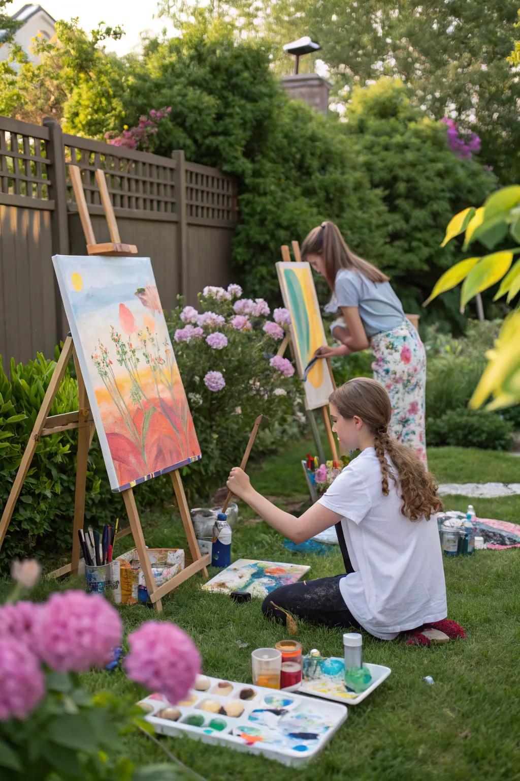 Teenagers indicating originality at an external painting gathering filled with radiant hues.