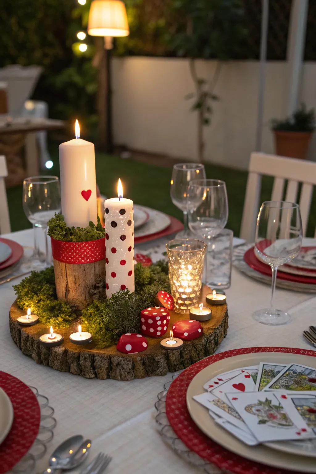 A creative centerpiece featuring candles and thematic ornaments