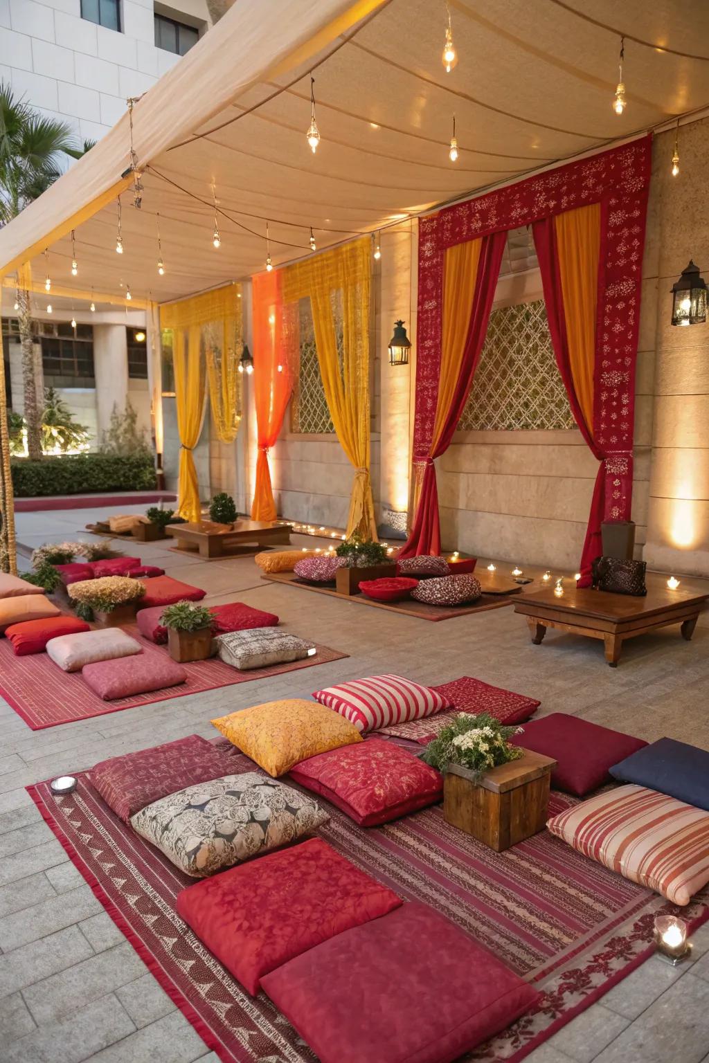Relaxed sitting plans with pillows and mats at a rice-feeding event.
