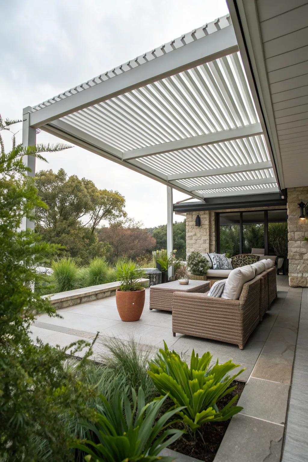 Louvered roofs provide adjustable rain protection.