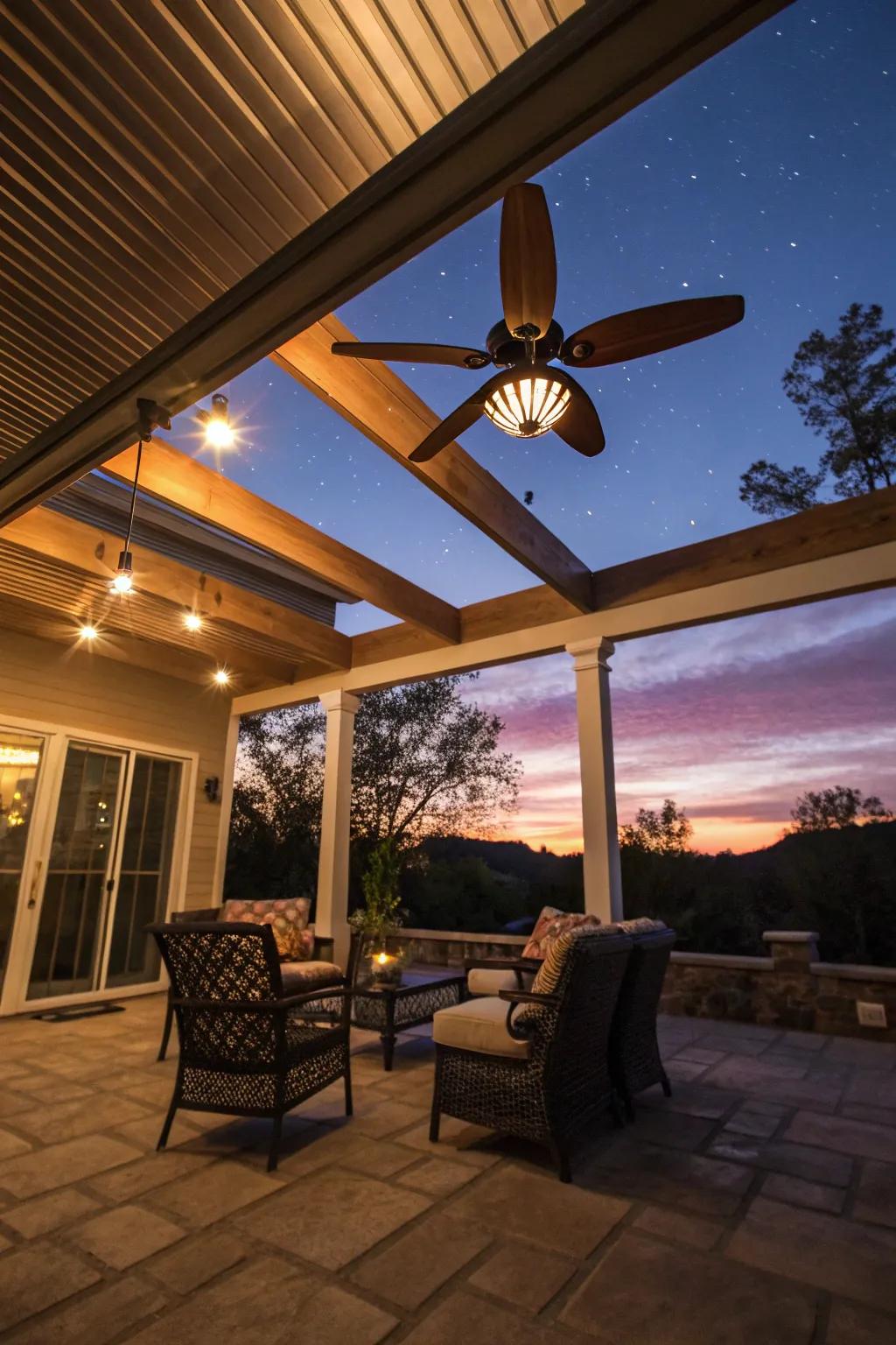An inviting patio softly lit by a ceiling fan with integrated lighting.