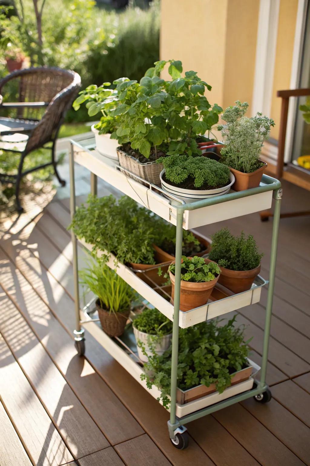 Rolling herb cart for movable greenery.